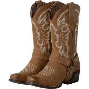 J's.o.l.e Women Brown Western Cowboy Boot Square Toe With Removable Buckle Strap